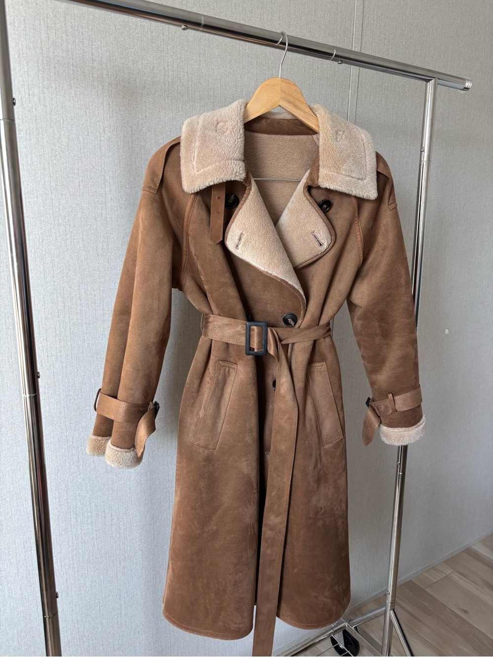 Suede Shearling Trench Coat - Brown